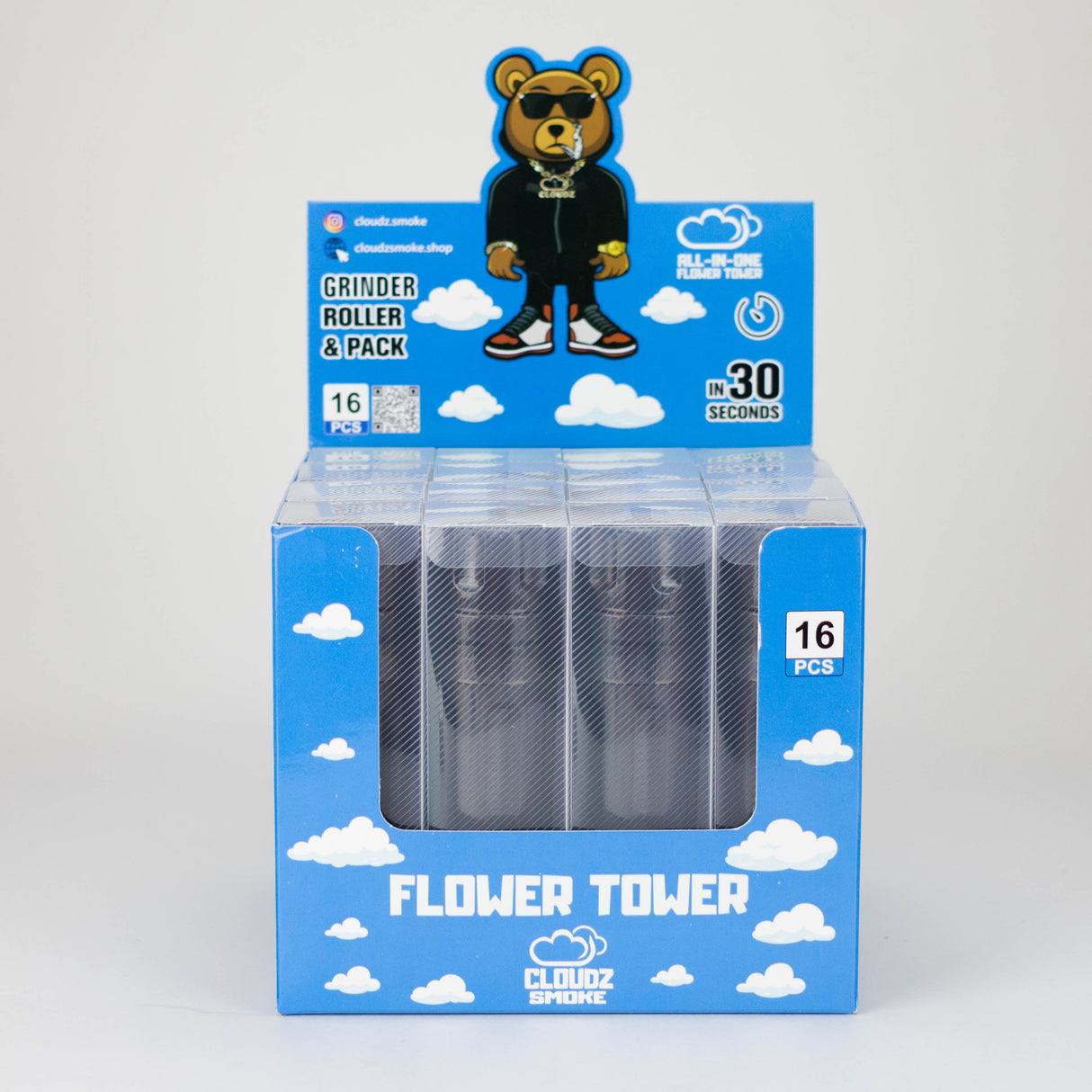 Cloudz | Flower Tower – 3-in-1 Cone Filler, Grinder & Storage Container Display Pack Cloudz Smoke