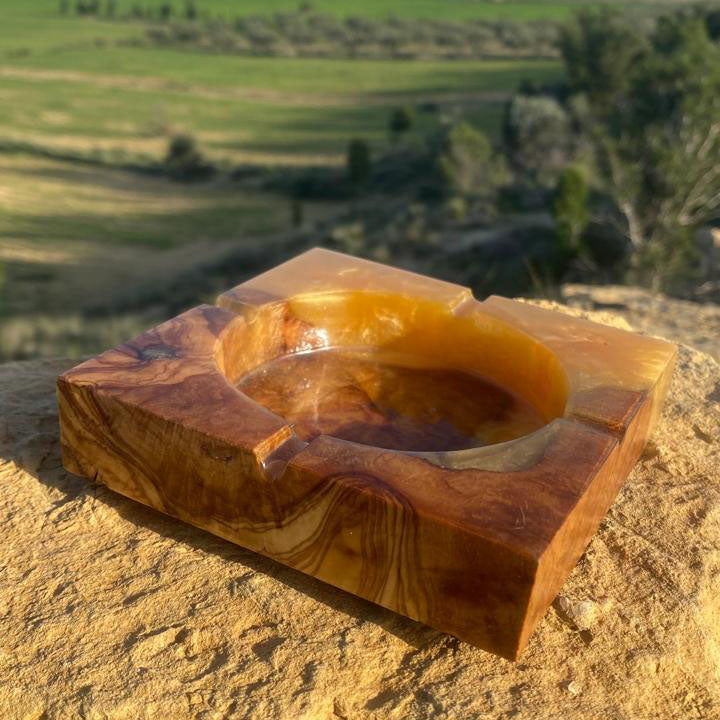 Olive Wood Orange Epoxy Ash Tray – Handcrafted Tunisian Ashtray, Resin & Olive Wood Collector’s Piece Resin Ashtray Variety Olive Wood Orange
