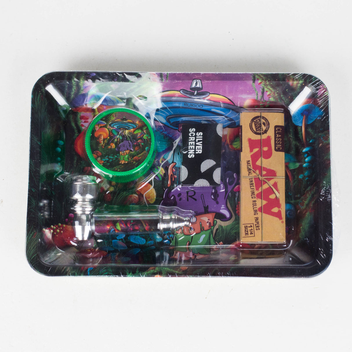 Z5-in-1 Magic Mushroom Metal Pipe Smoke Set – Grinder, Tray, Rolling Paper & More Bundle 777 Smoke Design1