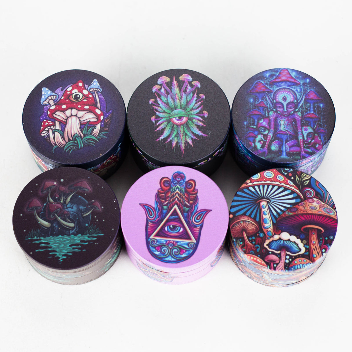 2.5" 4-Layer Metal Herb Grinder with Magic Mushroom Design – Box of 6 Display Pack 777 Smoke