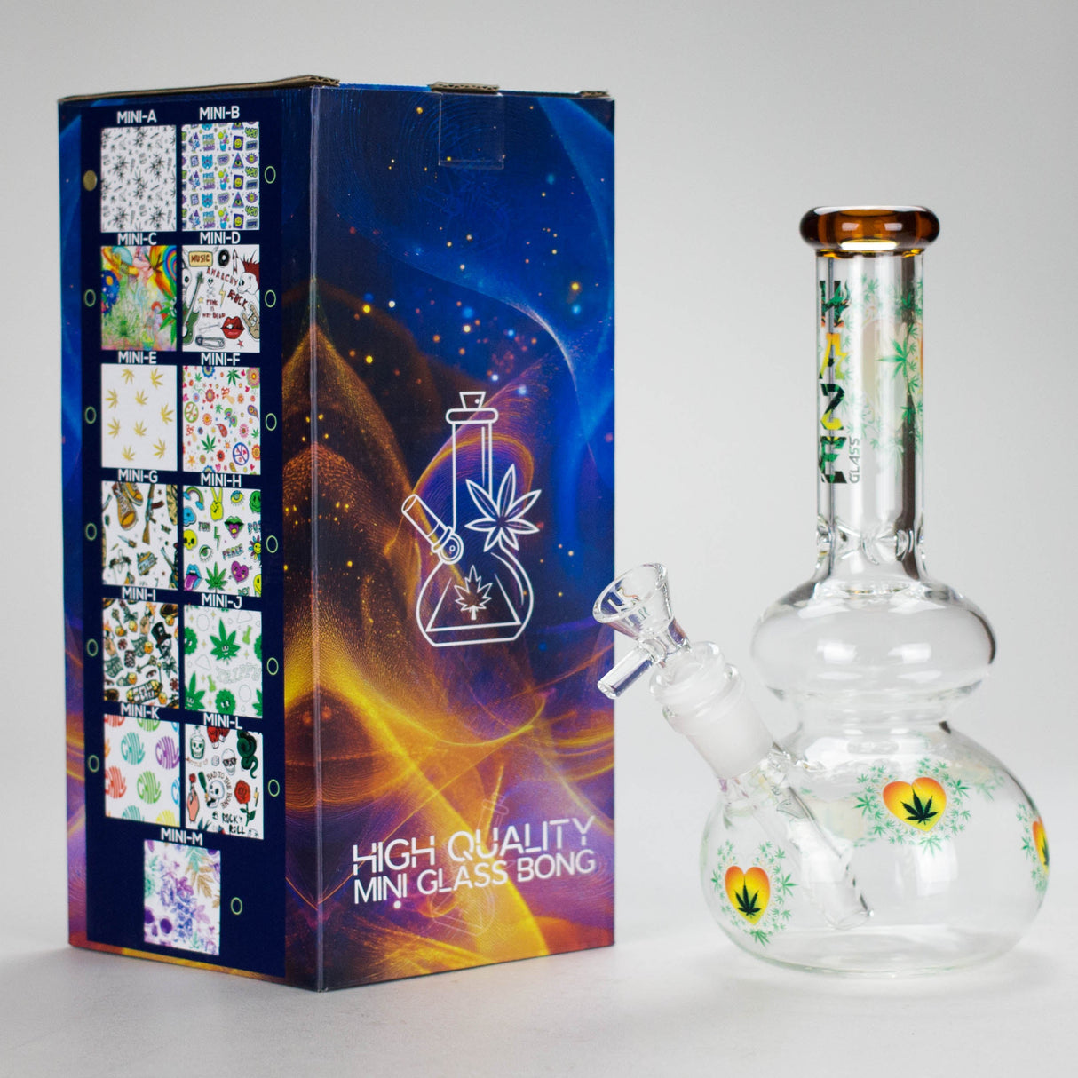 Haze | 9″ Heart Leaf Double Bubble Base Glass Bong with Color Lip – Amber (Mini-U) Glass Bong Canadian Distributor