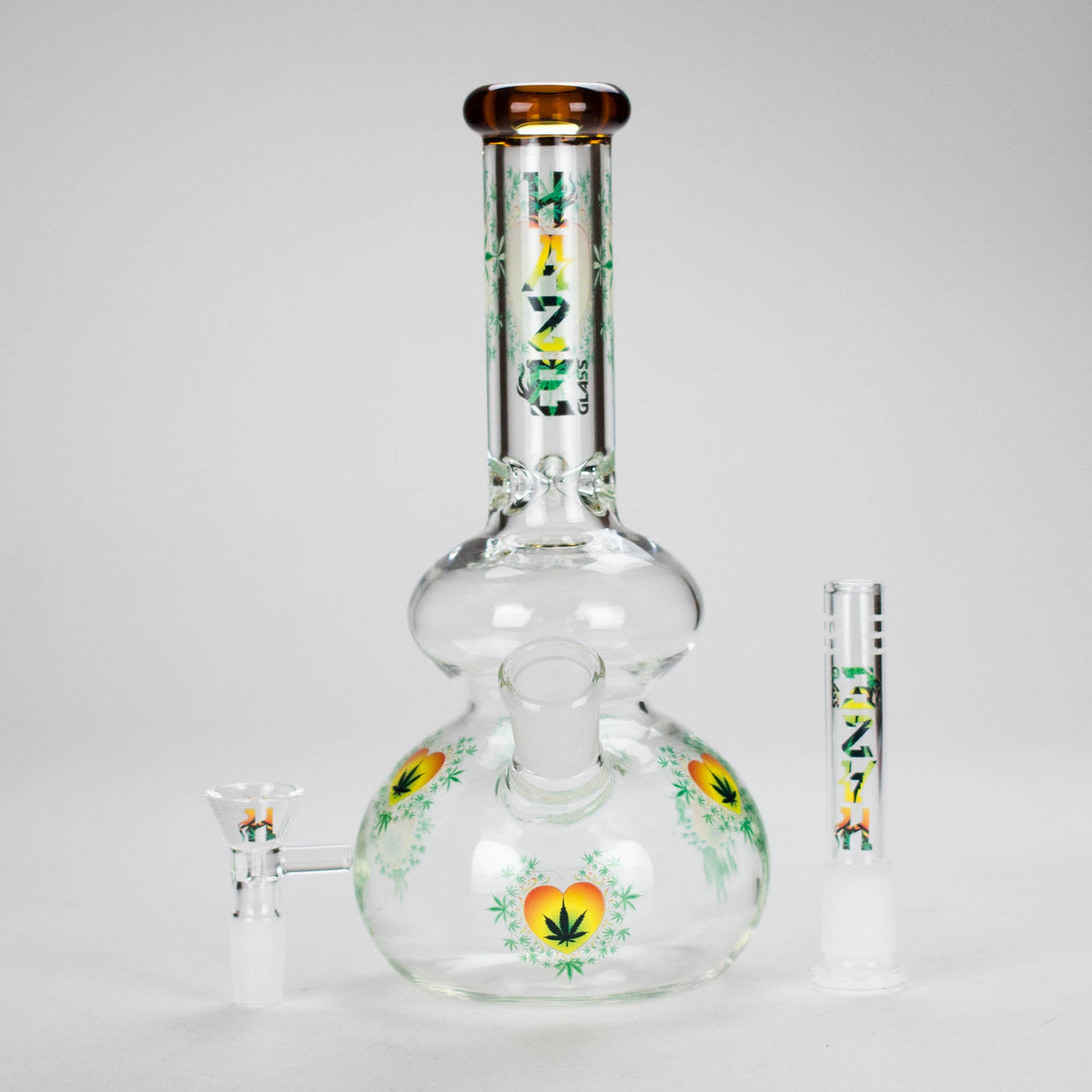 Haze | 9″ Heart Leaf Double Bubble Base Glass Bong with Color Lip – Amber (Mini-U) Glass Bong Canadian Distributor