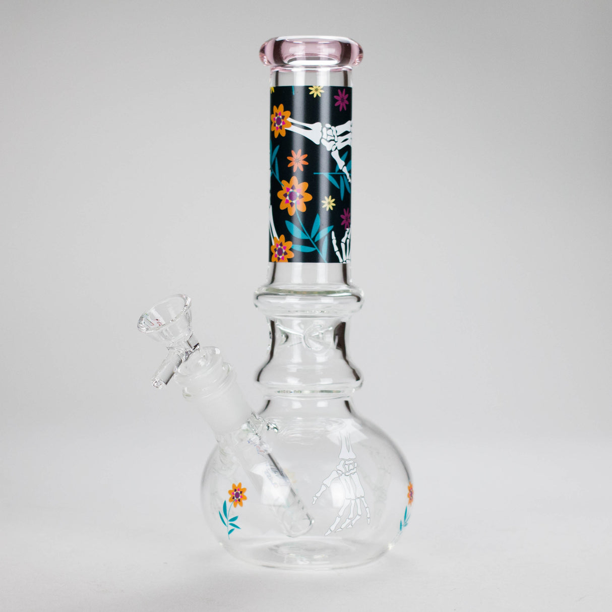 Haze | 9″ Skull Hand & Flower Bubble Base Glass Bong – Pink (Mini-V) Glass Bong Canadian Distributor
