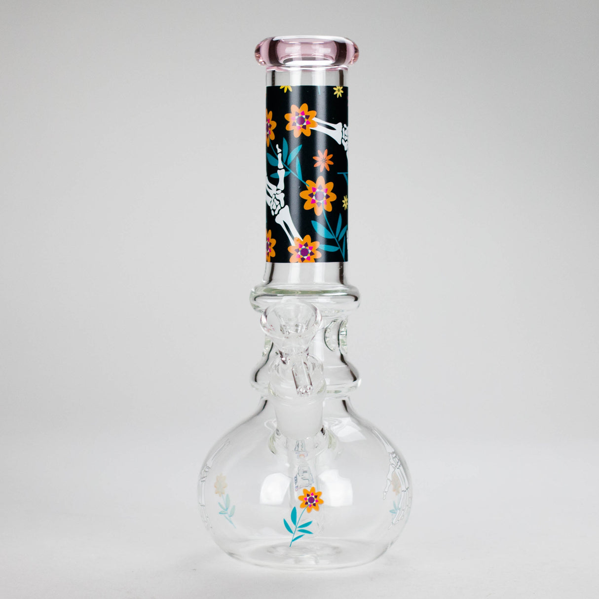 Haze | 9″ Skull Hand & Flower Bubble Base Glass Bong – Pink (Mini-V) Glass Bong Canadian Distributor