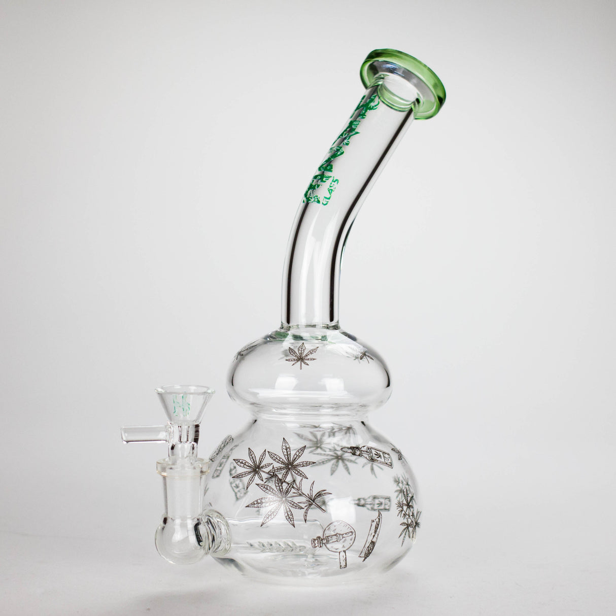 Haze | 9″ Bubble Base Glass Bong – Green Weed Leaf Design (Mini-A) Glass Bong Canadian Distributor