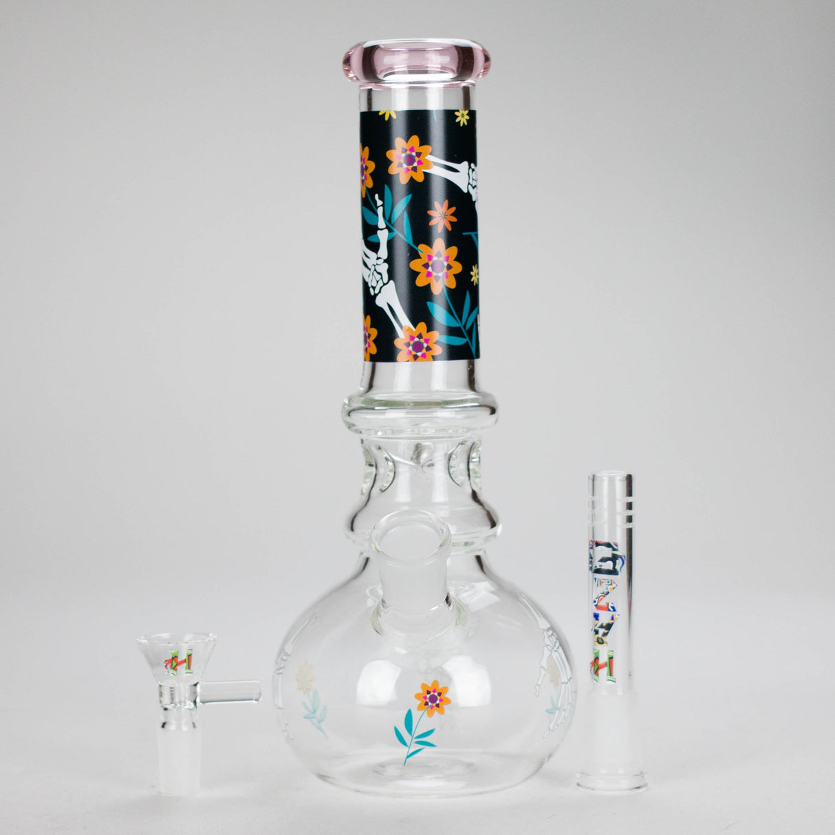 Haze | 9″ Skull Hand & Flower Bubble Base Glass Bong – Pink (Mini-V) Glass Bong Canadian Distributor