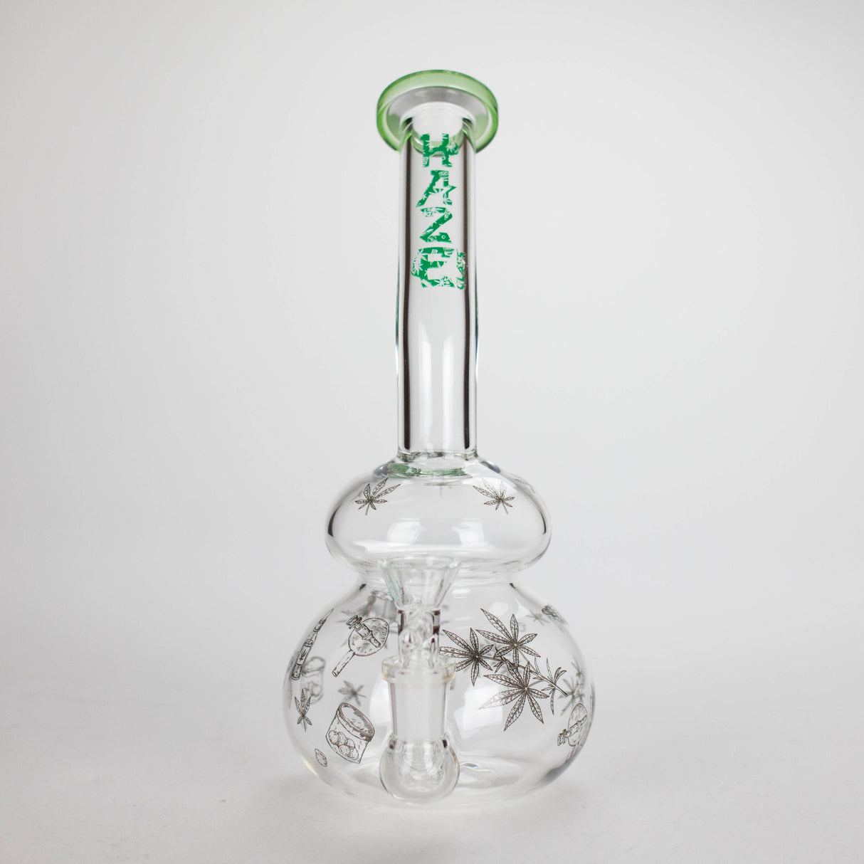 Haze | 9″ Bubble Base Glass Bong – Green Weed Leaf Design (Mini-A) Glass Bong Canadian Distributor