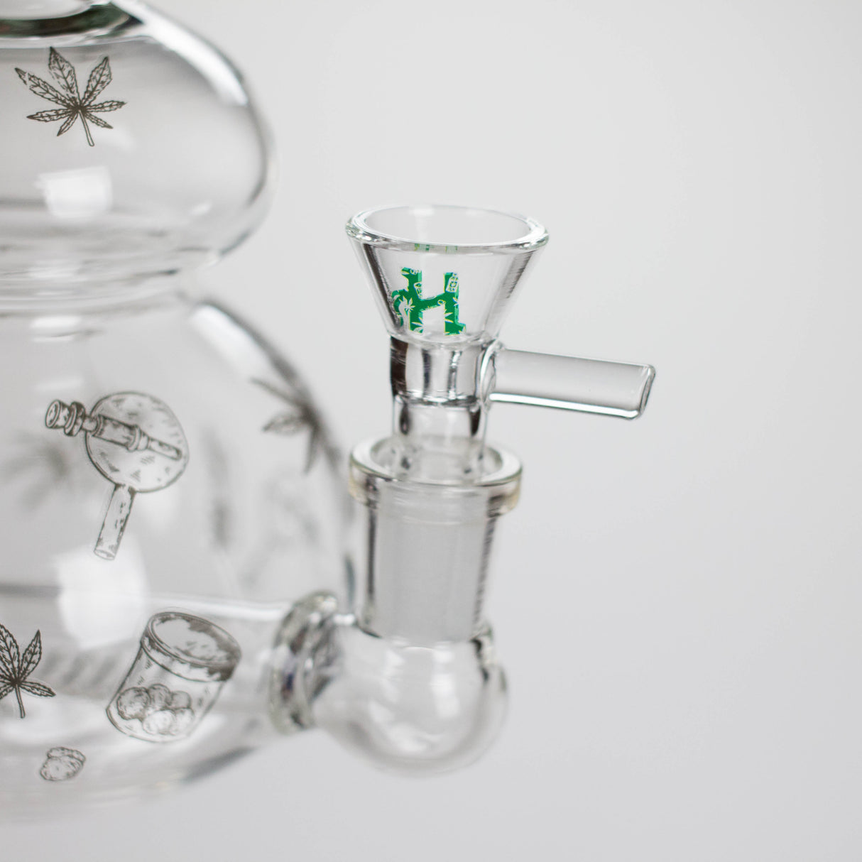 Haze | 9″ Bubble Base Glass Bong – Green Weed Leaf Design (Mini-A) Glass Bong Canadian Distributor
