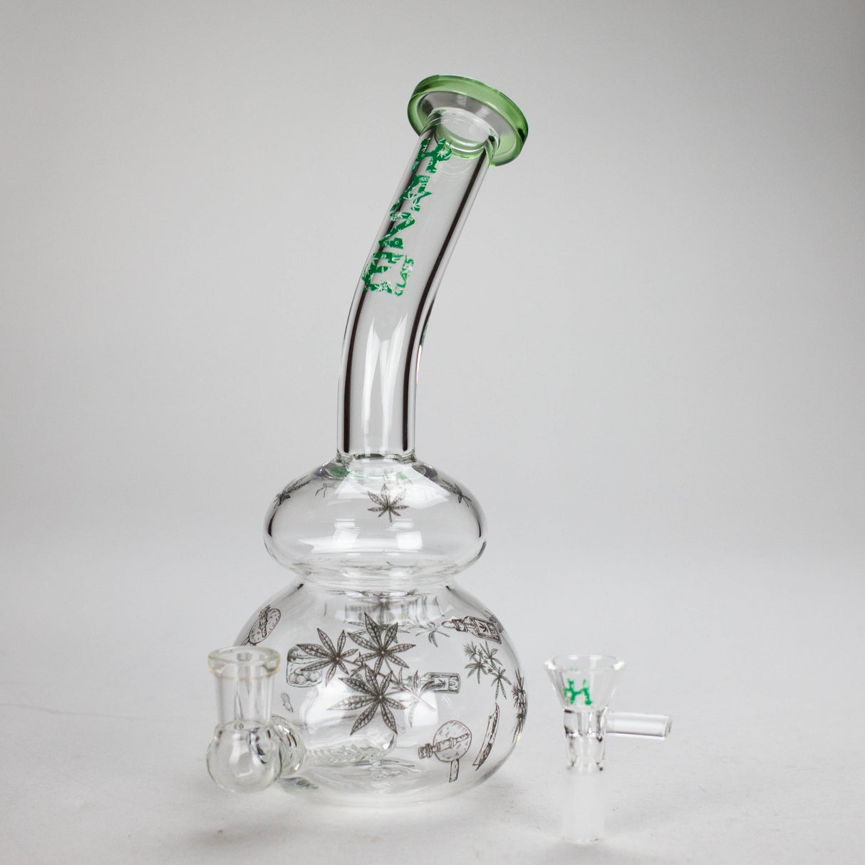 Haze | 9″ Bubble Base Glass Bong – Green Weed Leaf Design (Mini-A) Glass Bong Canadian Distributor