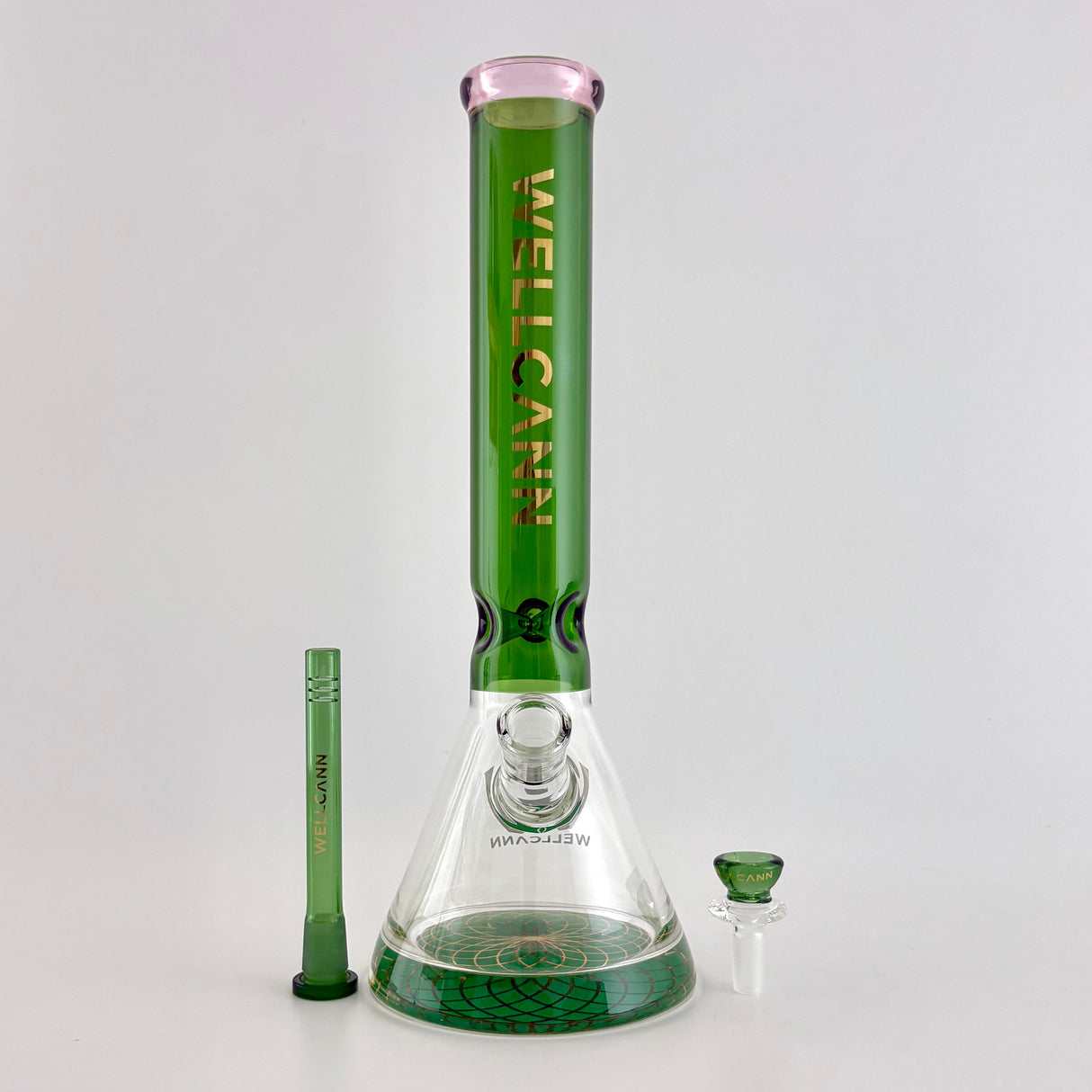 Wellcann | 14" Thickened Base Geometric Gold Beaker Glass Bong-Green Glass Bong Super Supplys Inc