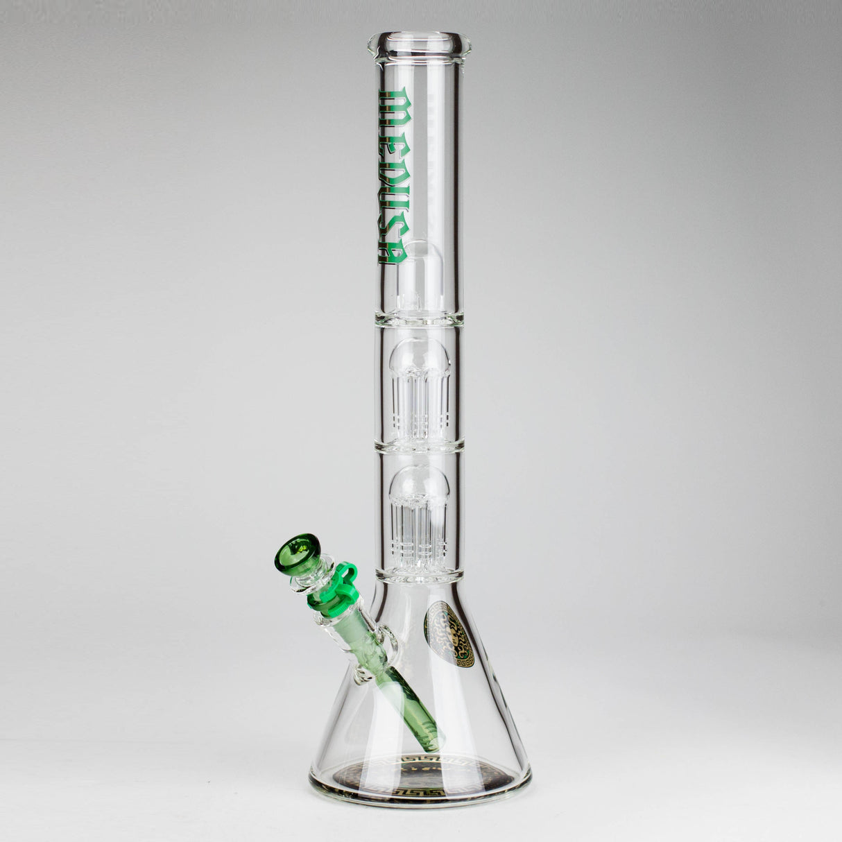 Medusa | 17" 7mm Double Tree Perc Glass Bong with Splash Guard Glass Bong Small Biz Distributors GREEN
