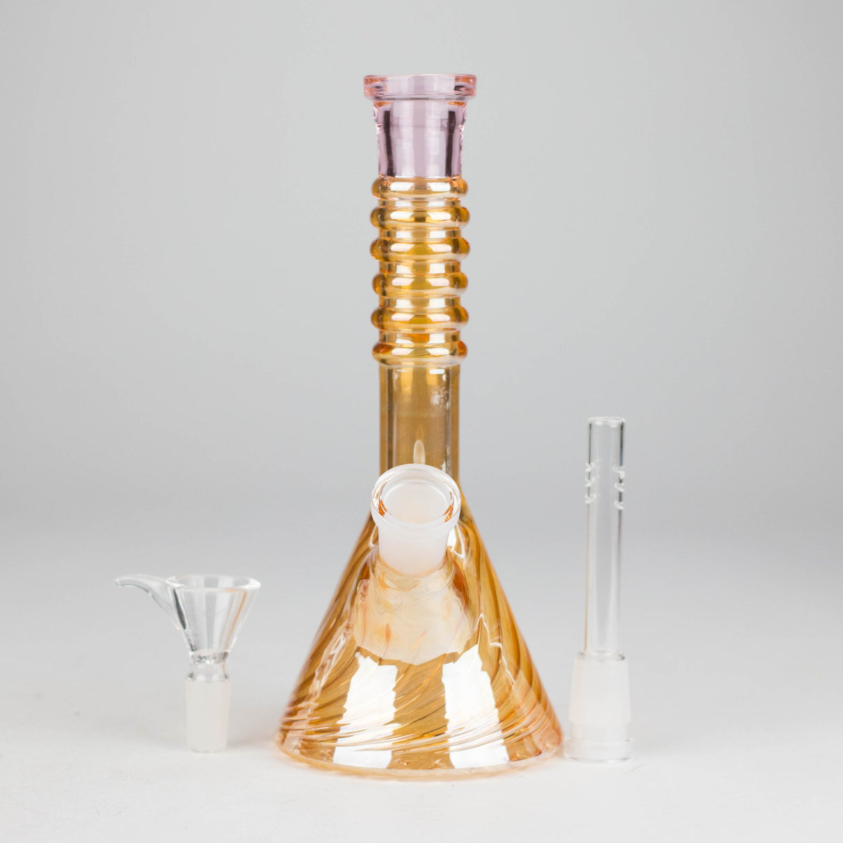8" Shiny Beaker Bong 6 Rings Mouth Ring with Handle Slide, Color Amber Glossy and Rainbow Glass Bong HALLO GLASS