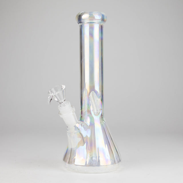 10" Shiny Beaker Ribbed Base Bolt IC with Handle Slide, Color Amber Glossy and Rainbow Glass Bong HALLO GLASS