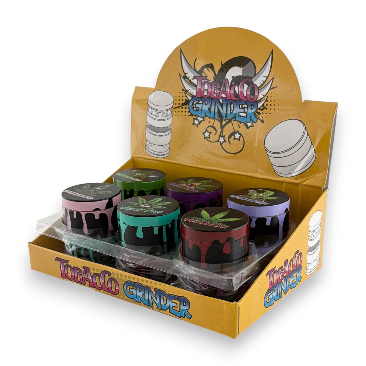 Wellcann | 4-Part Leaf Design Grinders – 50mm-12CT Display Pack Super Supplys Inc