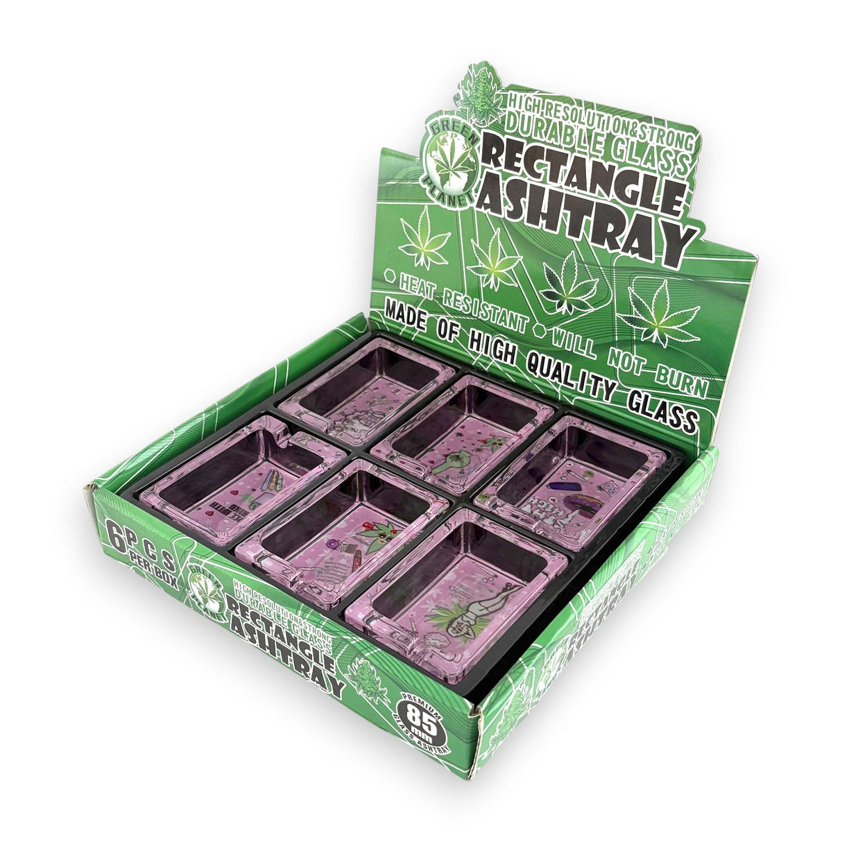 Green Planet Rectangle Glass Ashtrays – Pink Design Series (6 Pack Display)