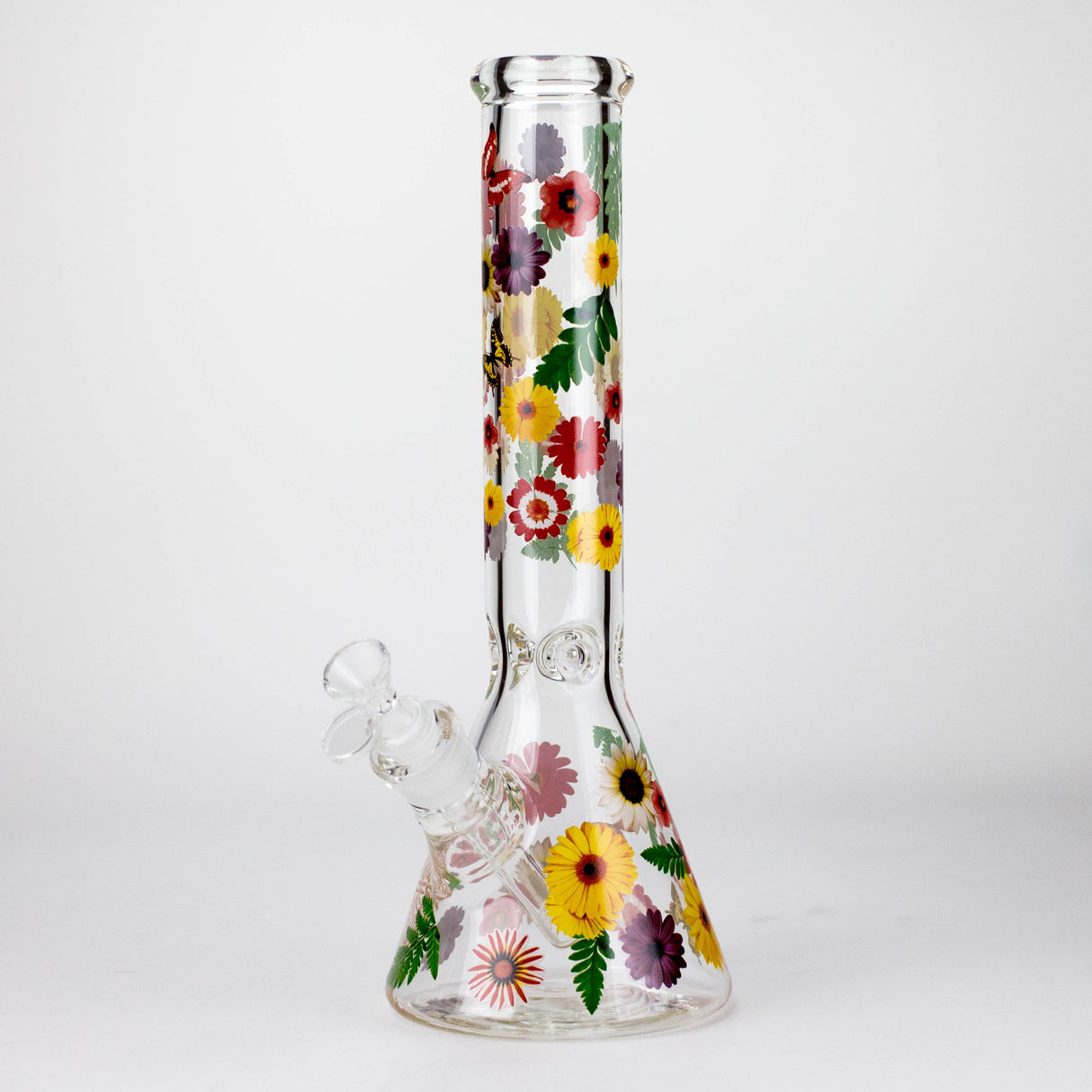 14" Flower and Butterfly Design 7mm Thick Heavy Duty Glass Beaker Bong