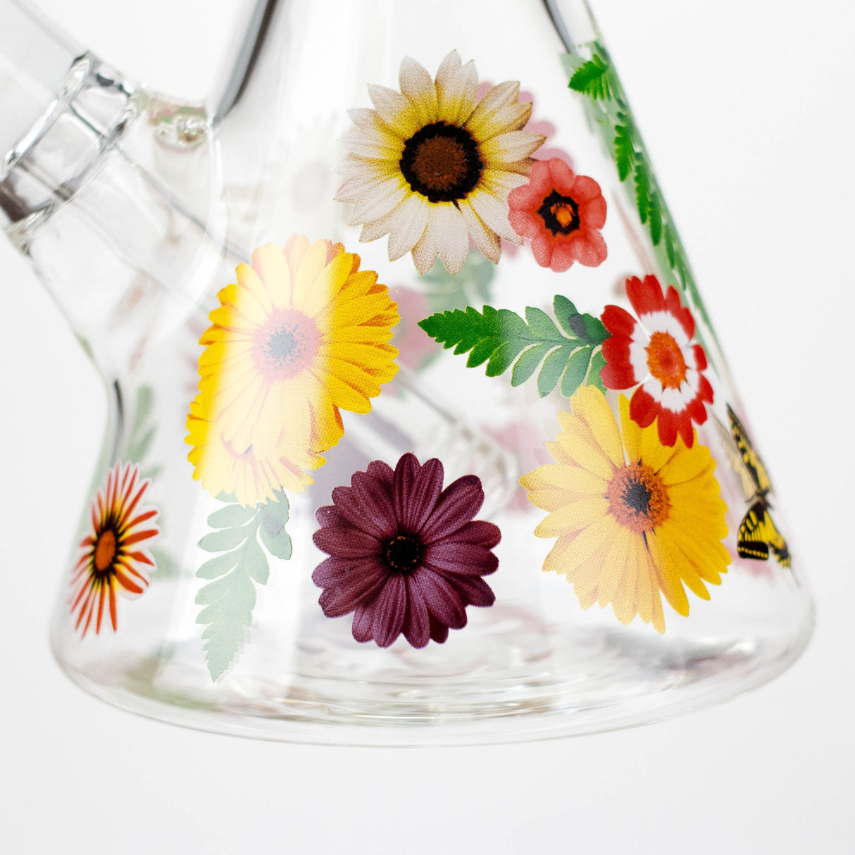 14" Flower and Butterfly Design 7mm Thick Heavy Duty Glass Beaker Bong