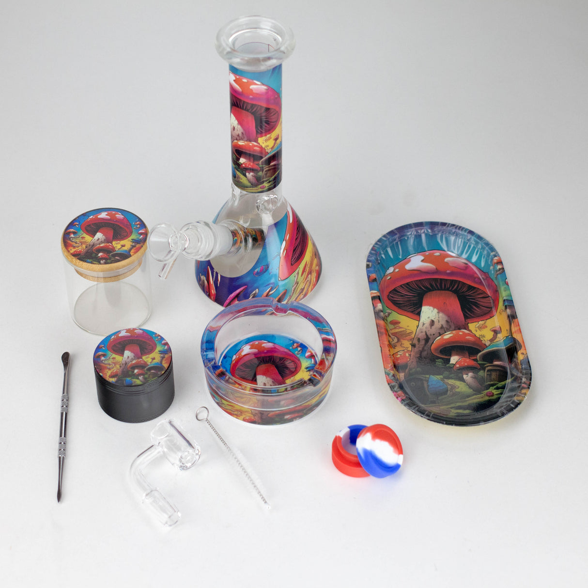 10-in-1 Mushroom Design Smoke Set Complete Smoking Kit with 8" Glass Bong Bundle 777 Smoke
