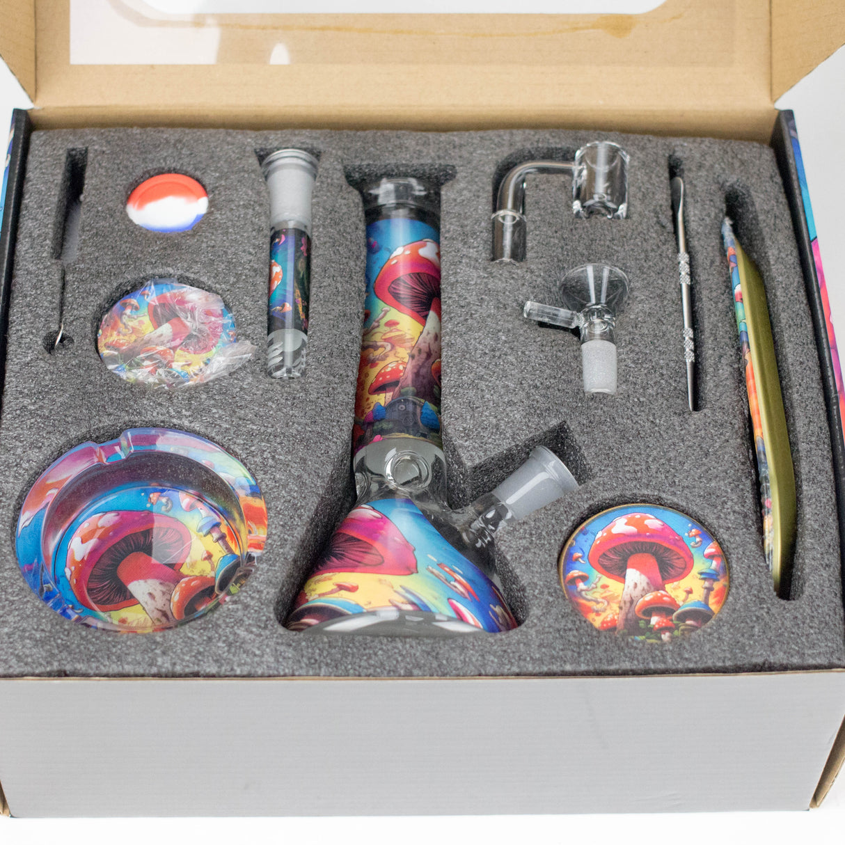 10-in-1 Mushroom Design Smoke Set Complete Smoking Kit with 8" Glass Bong Bundle 777 Smoke
