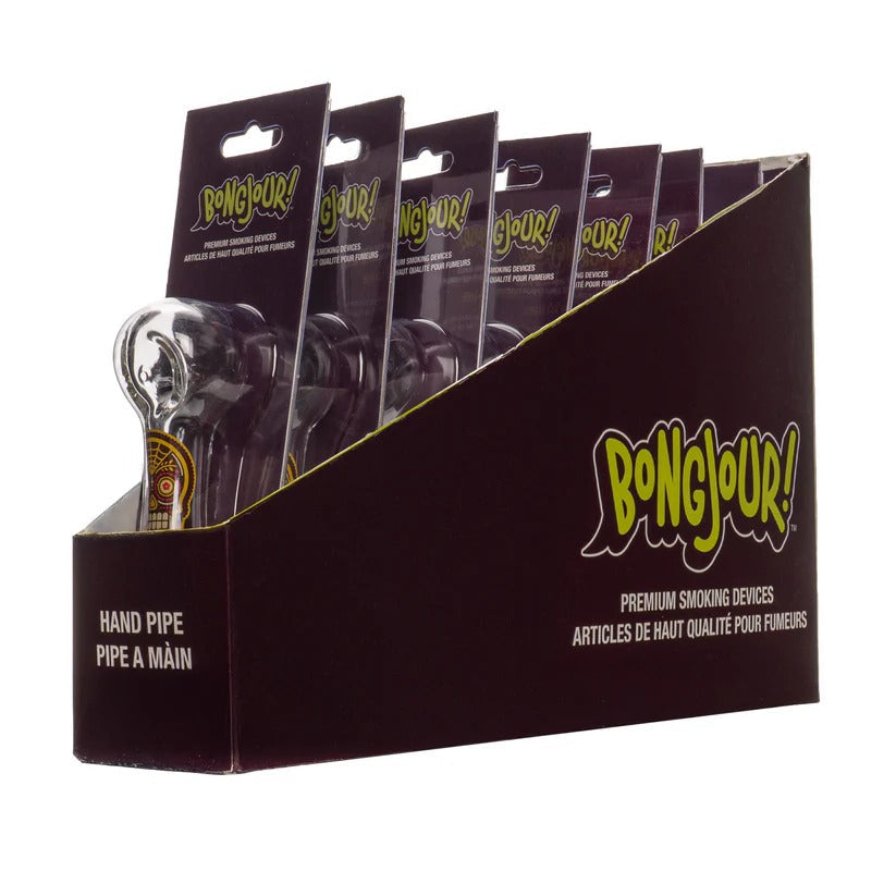 Bongjour!™ | 3.75" Clear Hand Pipe w/Decal (Assorted Decal 8 Pack) Glass Pipe West Coast Gifts