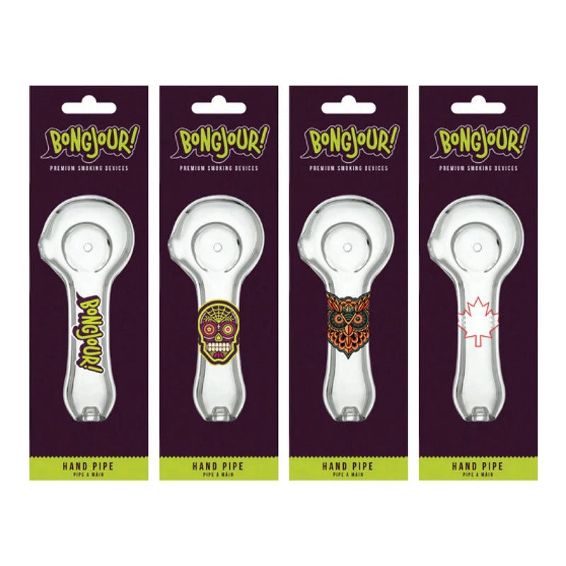 Bongjour!™ | 3.75" Clear Hand Pipe w/Decal (Assorted Decal 8 Pack) Glass Pipe West Coast Gifts