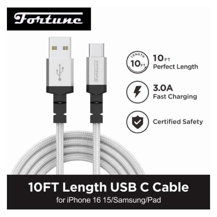 Fortune | 10ft USB-A to USB-C Braided Fast Charging Cable – 3A Charging Cable · Accessory Fortune