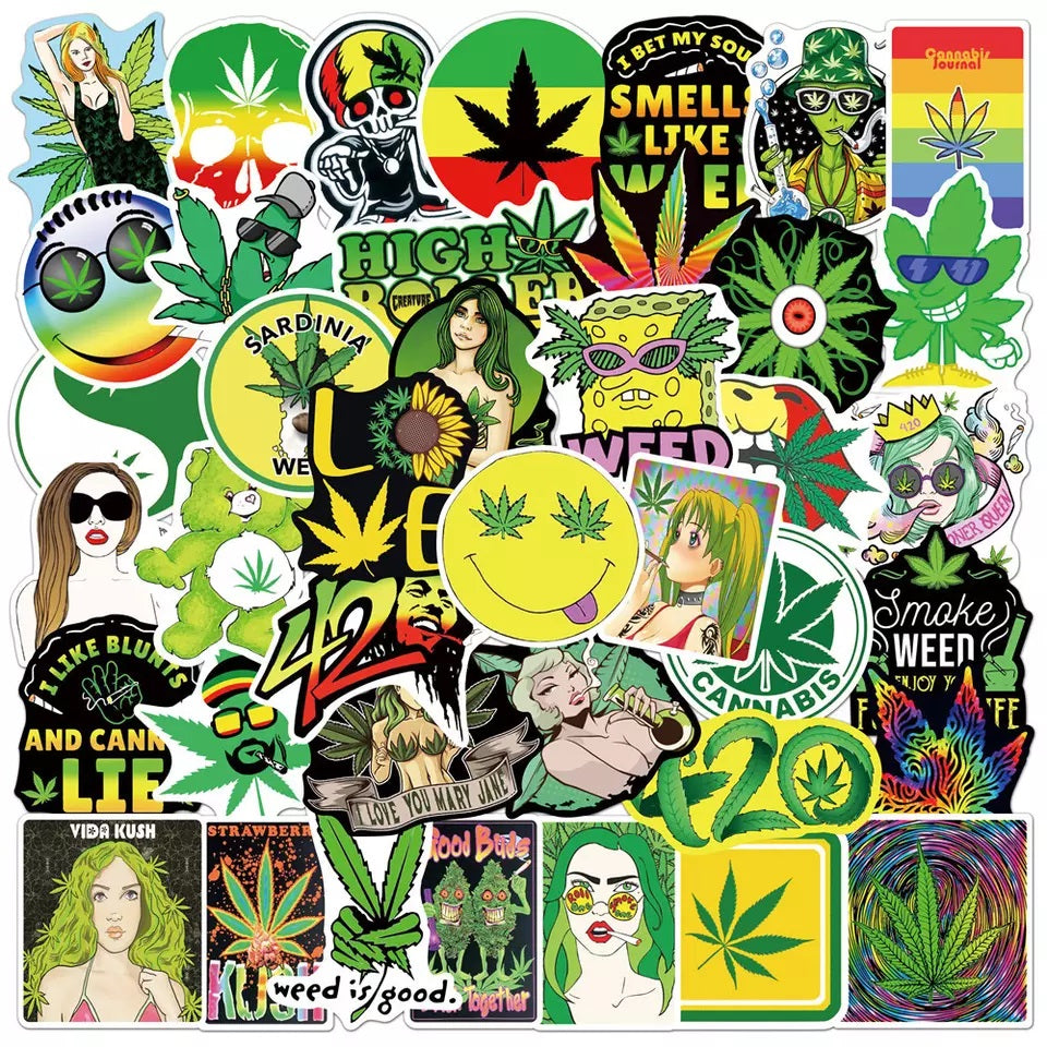50pcs Assorted Cannabis Design Stickers Gadget Every Weekend Option C