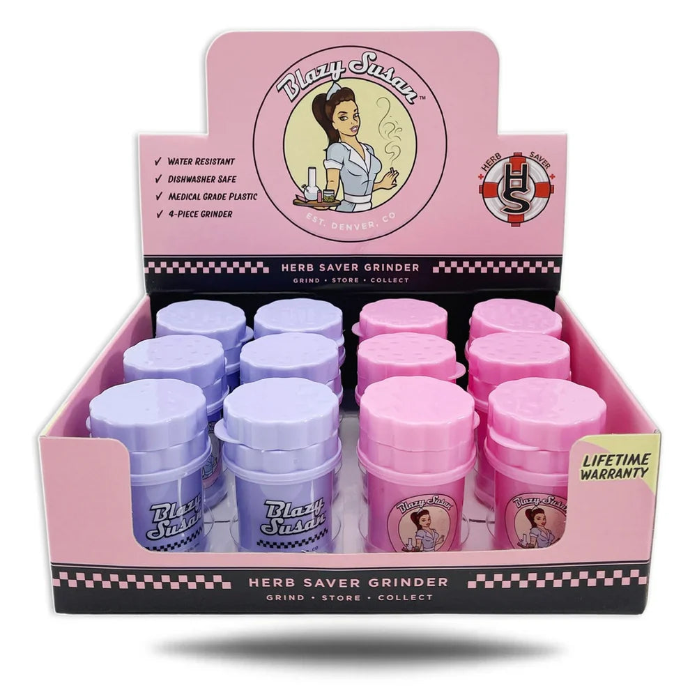Blazy Suzan | Mini 4-Piece Herb Saver Grinder Box of 12 Display Pack Smoking Cat Distribution