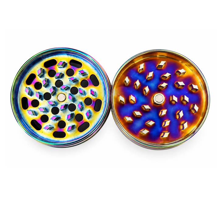 63mm Rainbow Electroplated 4-Part Metal Grinder – 6 PCS Display Display Pack Super Supplys Inc