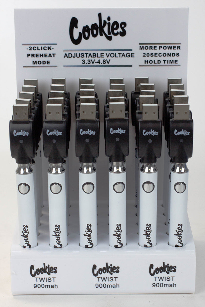 900 mAh Cookies Twist Control Vape Battery with USB charger Display of 30 510 Battery ONE White