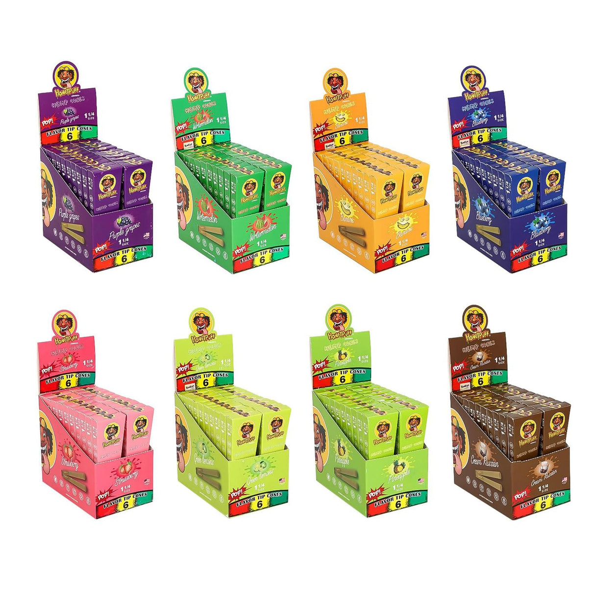 Honeypuff | 1 1/4 Size Fruit flavor tip 6pk Hemp cones Box of 20 Pre-rolled Cone (Display Pack) 777 Smoke