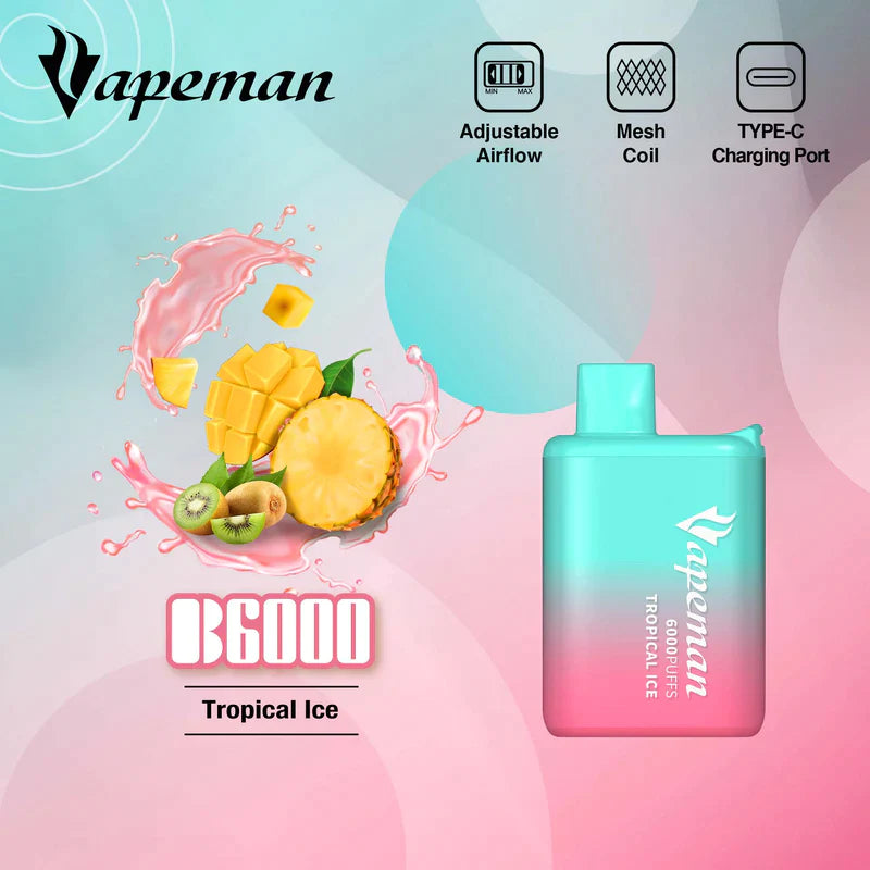 Vapeman 6000 Puffs Rechargable Vape - B6000 Federal Excise Tax StoneSmiths Tropical Ice