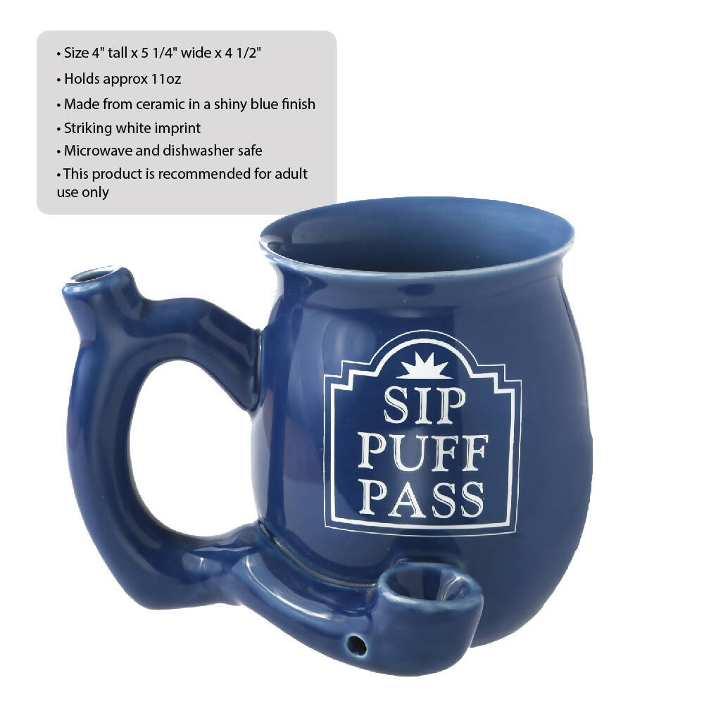 ROAST & TOAST "SIP PUFF PASS" PIPE MUG - SHINY BLUE WITH WHITE PRINT Mug Pipe Roast and Toast Gifts