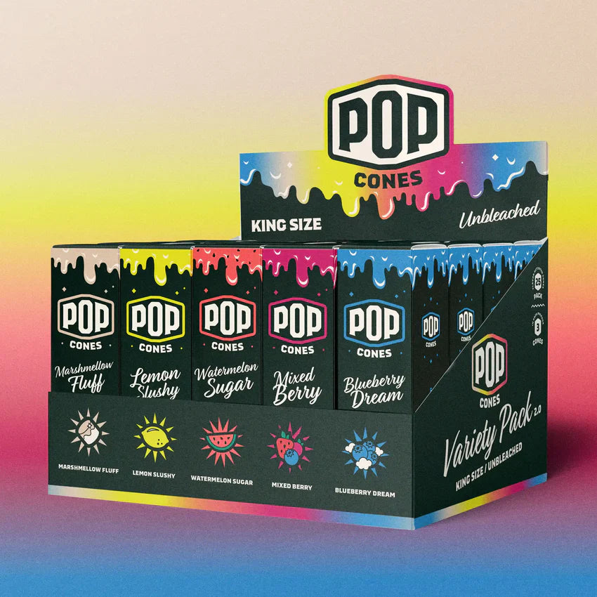 Pop Cones 2.0 | Variety Pack – Unbleached Flavored Cones (25 Pack) Pre-rolled Cone (Display Pack) Smoking Cat Distribution King Size