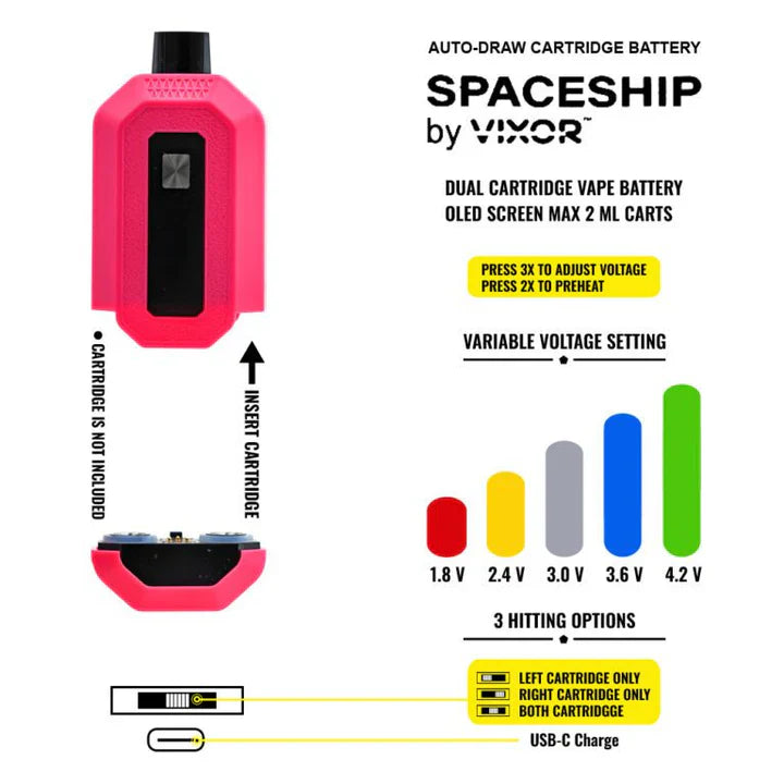 VIXOR | Spaceship 650mAh 510 Dual Cartridge Battery with puff counter Box of 10 510 Battery Buddyz Wholesale