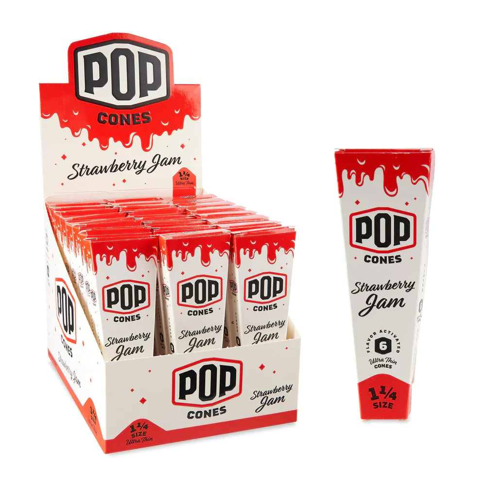Pop Cones | 1 ¼ Size Ultra Thin 6pk Cones with Flavor Tips 24ct Display Pre-rolled Cone (Display Pack) Cannatron Strawberry Jam