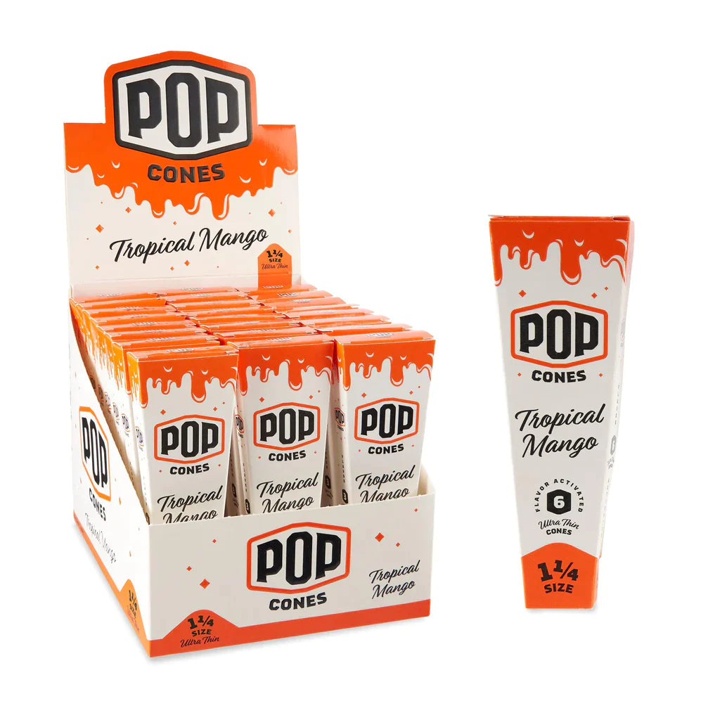 Pop Cones | 1 ¼ Size Ultra Thin 6pk Cones with Flavor Tips 24ct Display Pre-rolled Cone (Display Pack) Cannatron Tropical Mango