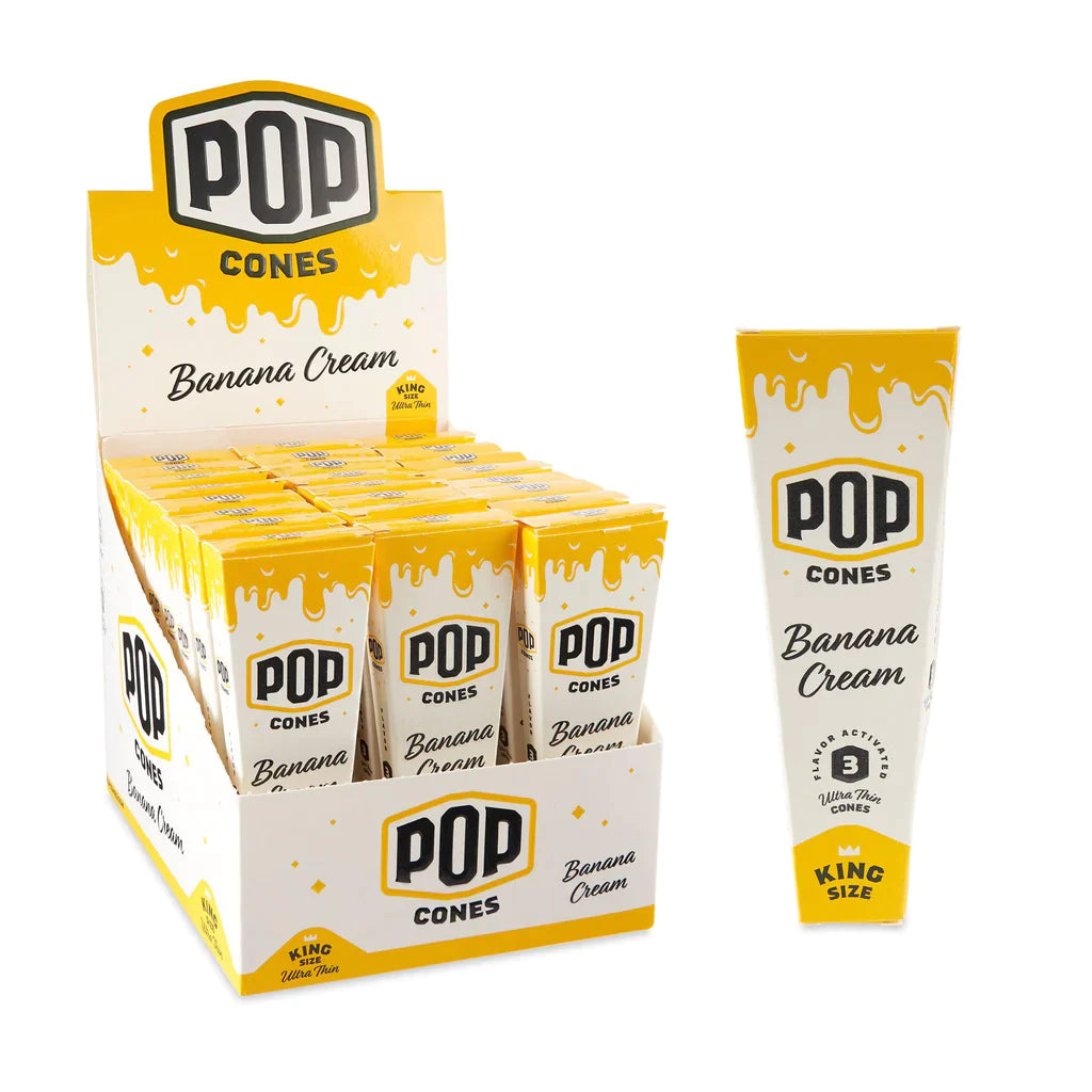 Pop Cones | King Size Ultra Thin 3pk Cones with Flavor Tips 24ct Display Pre-rolled Cone (Display Pack) Cannatron Banana Cream