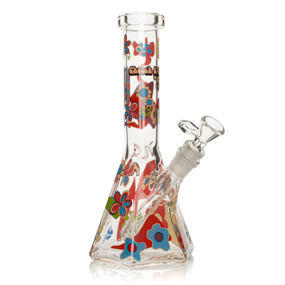 Cheech & Chong® Glass | 10" Tall Clear Power To The Flower Hex Beaker Base Water Pipe Glass Bong West Coast Gifts