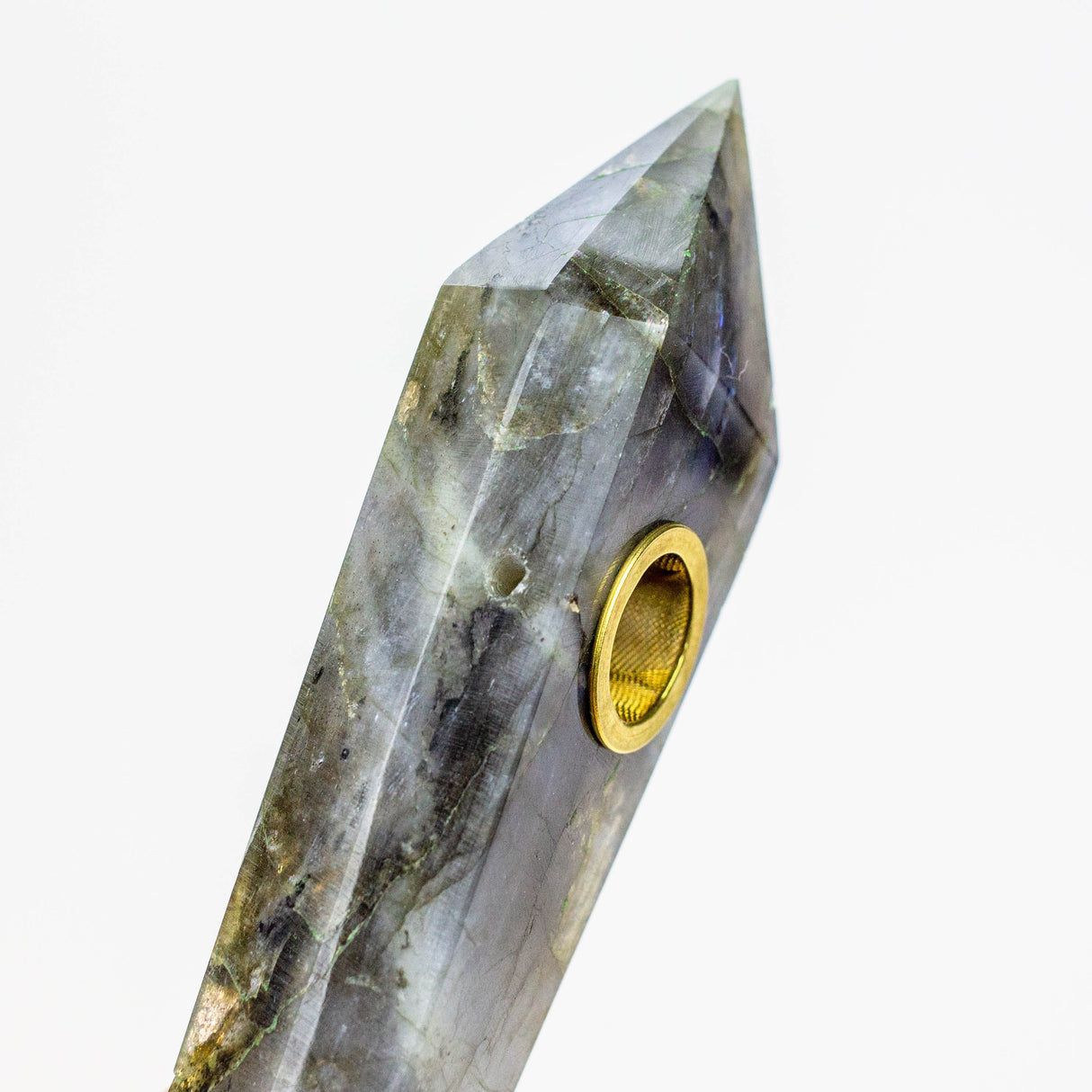 Acid Secs - Natural Labradorite FLASH Smoking Pipe with choke hole Quartz · Stone Pipe Acid Secs Productions Inc.