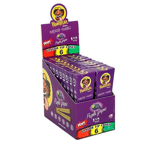 Honeypuff | 1 1/4 Size Fruit flavor tip 6pk Hemp cones Box of 20 Pre-rolled Cone (Display Pack) 777 Smoke Grape