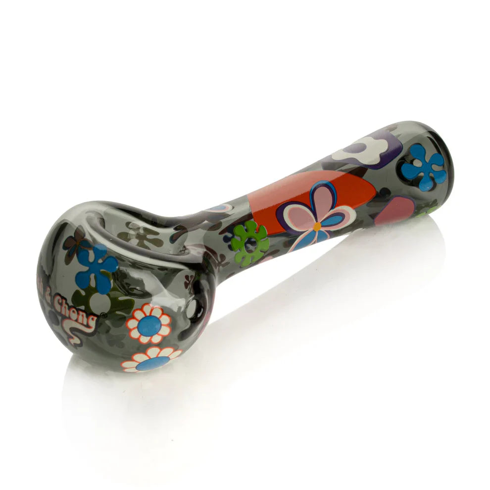 Cheech & Chong® Glass | 4.5" Smoke Power To The Flower Spoon Hand Pipe W/Ash Catcher Mouthpiece Glass Pipe West Coast Gifts