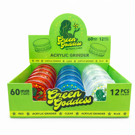 Green Goddess | Acrylic 3-Part Grinder-Blue/Clear/Red – 60mm (12 PCS) Display Pack B Movin Distribution