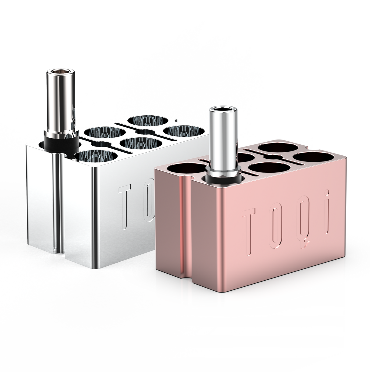 TOQi 510 Cartridge Holder - Precision CNC-Machined Aluminum, UV Protection, Holds 6 - Available in Silver & Rose Gold