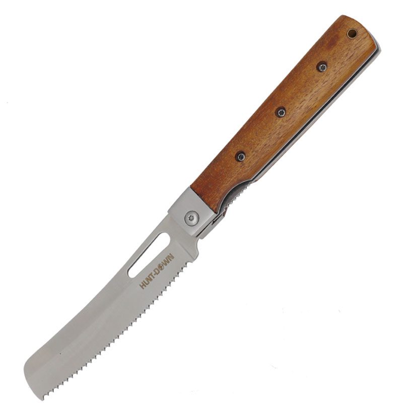 Hunt-Down | 9″ Serrated Blade Liner Lock Stainless Wood Handle Steel Bolster Folding Knife [14394] Fixed Blade Knife Canadian Distributor