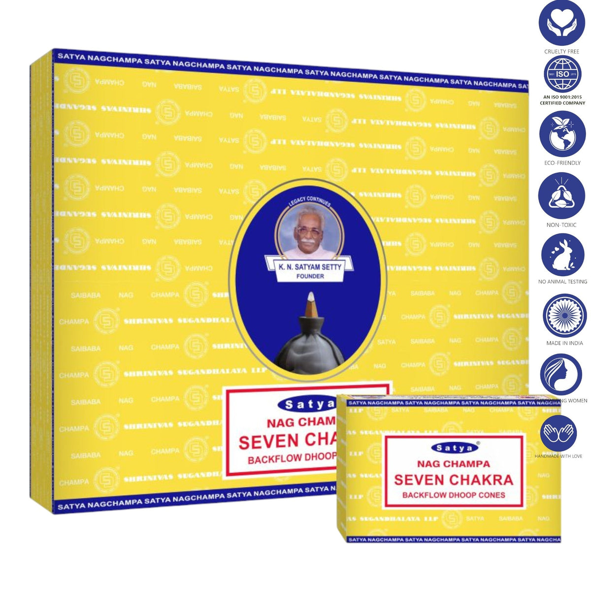Satya Nag Champa Backflow Incense Cones Incense SunGlow Satya SEVEN CHAKRA Backflow Incense Cones