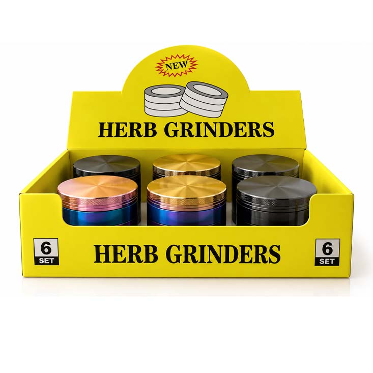 55mm 4-Piece Window Zinc Alloy Grinder – 6-Piece Display Assorted Colors Display Pack Super Supplys Inc