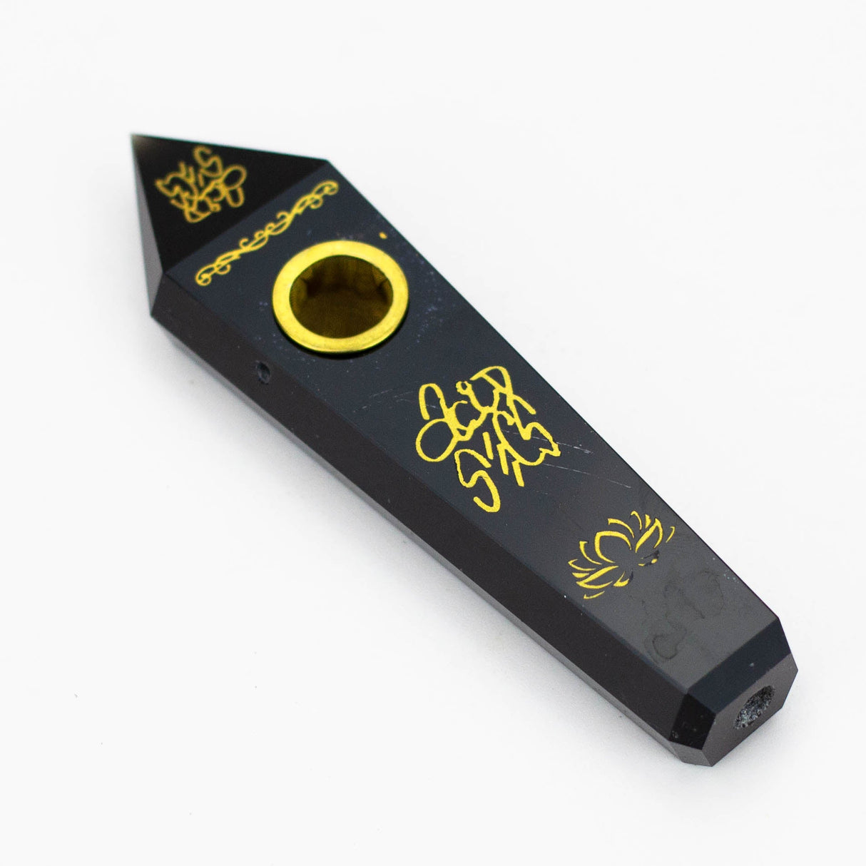 Acid Secs | Custom Golden Engraving Pipe with Choke Quartz · Stone Pipe Acid Secs Productions Inc. Obsidian