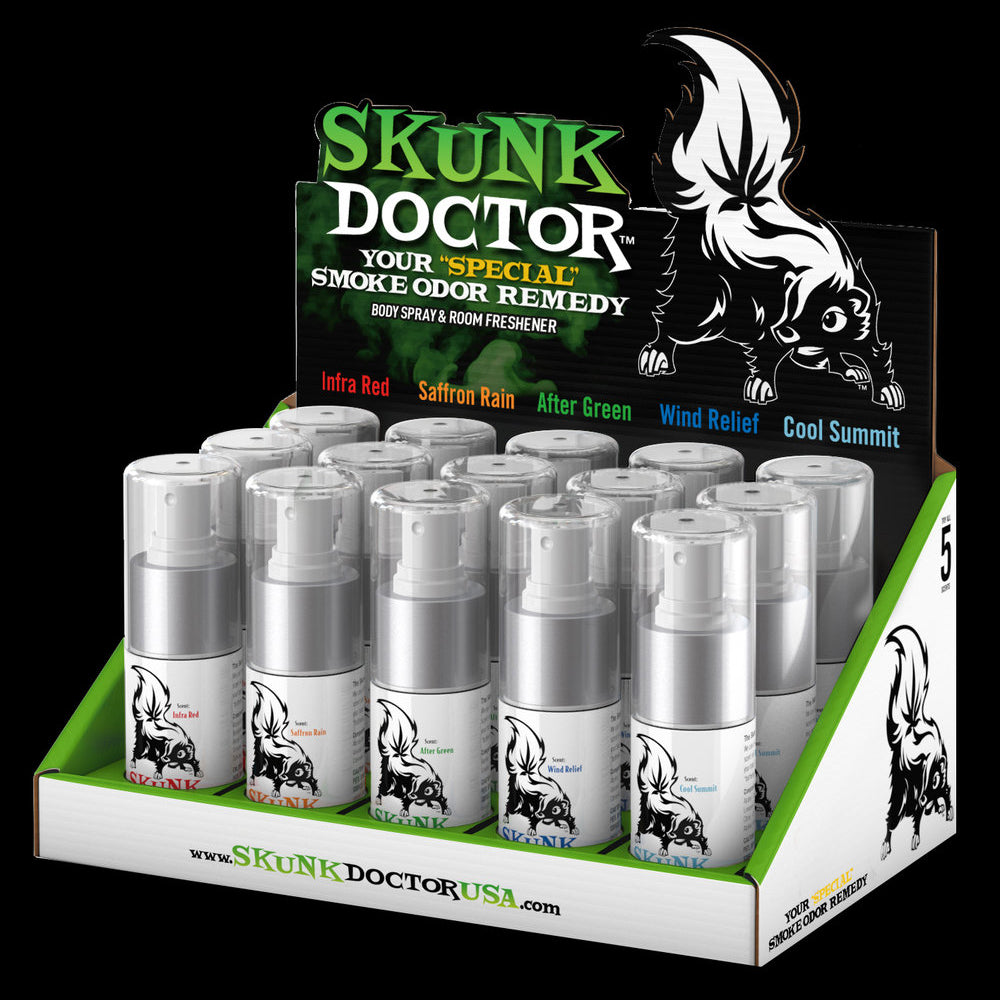 Skunk Doctor | Smoke Odor Eliminator Body Spray Display of 15 Odour Eliminator Spray Smoke & Vape Distributor