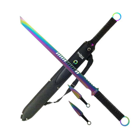 Tactical Master 27" Rainbow Machete Tanto Blade with 2 pcs 6" Throwing Knife Sword · Machete · Axe Super Supplys Inc